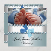 《キリスト教》洗礼式や命名式ボーイホワイトブルーパールボウフォト 招待状 (正面/裏面)