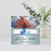 《キリスト教》洗礼式や命名式ボーイホワイトブルーパールボウフォト 招待状 (スタンド正面)