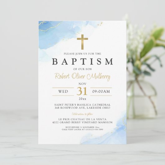 《キリスト教》洗礼式や命名式モダンボーイバプテスマ招待状テンプレート 招待状 (スタンド正面)