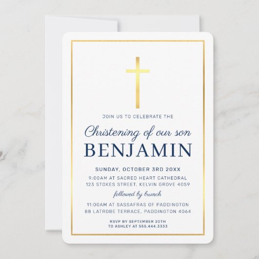 《キリスト教》洗礼式や命名式モダン金ゴールドクロスネイビシンプルーホワイトイン 招待状 (正面)