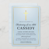 《キリスト教》洗礼式や命名式モダン金ゴールドフォイル十字型ベビーブルー 招待状 (正面/裏面)