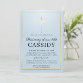 《キリスト教》洗礼式や命名式モダン金ゴールドフォイル十字型ベビーブルー 招待状 (スタンド正面)