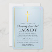 《キリスト教》洗礼式や命名式モダン金ゴールドフォイル十字型ベビーブルー 招待状 (正面)