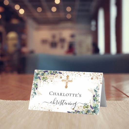 《キリスト教》洗礼式や命名式ユーカリ金ゴールドグリッタースパークル プレイスカード