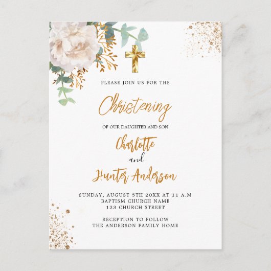 《キリスト教》洗礼式や命名式ユーカリ青果フローラ白 インビテーションポストカード (正面)