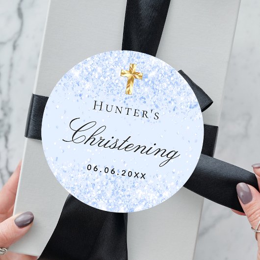 《キリスト教》洗礼式や命名式ライトブルーグリッタースパークルスボーイクロス ラウンドシール