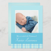 《キリスト教》洗礼式や命名式招待カード – 青チェック 招待状 (正面/裏面)