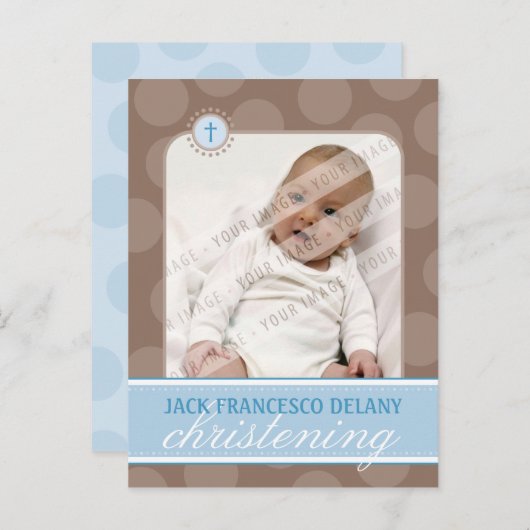 《キリスト教》洗礼式や命名式招待状::水玉模様 – 青 インビテーションポストカード (正面/裏面)