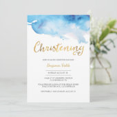 《キリスト教》洗礼式や命名式招待 | 青色水彩及び金ゴールド 招待状 (スタンド正面)