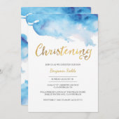 《キリスト教》洗礼式や命名式招待 | 青色水彩及び金ゴールド 招待状 (正面/裏面)