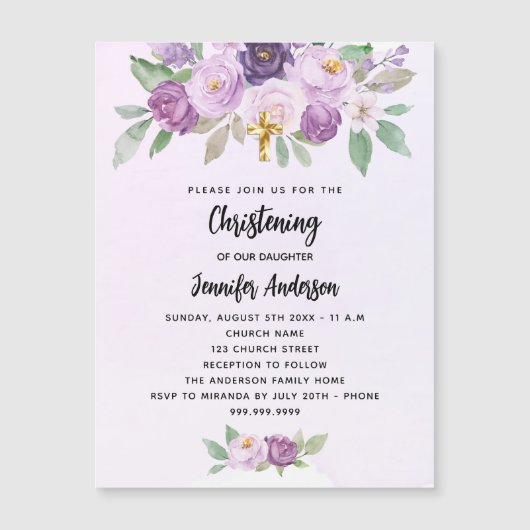 《キリスト教》洗礼式や命名式紫の花の緑が贅沢に交差 マグネット招待状 (正面)