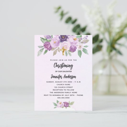 《キリスト教》洗礼式や命名式紫の花の緑の十字架 インビテーションポストカード (スタンド正面)