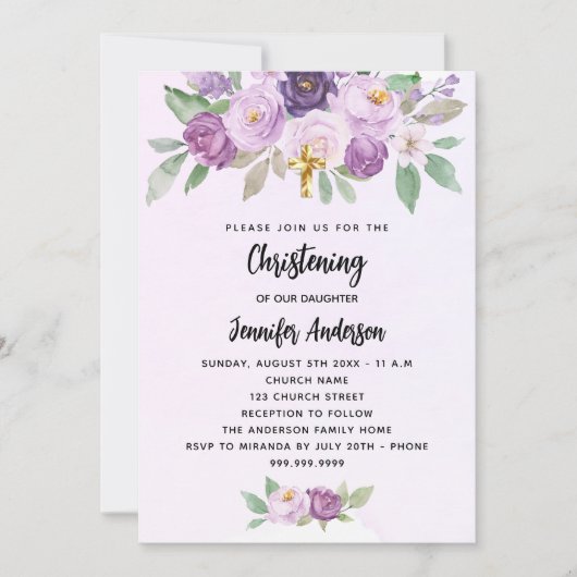《キリスト教》洗礼式や命名式紫の花の緑の十字架 招待状 (正面)