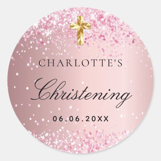 《キリスト教》洗礼式や命名式赤面ピンクグリッタースパークルスガール ラウンドシール (正面)
