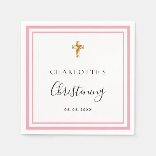 《キリスト教》洗礼式や命名式赤面ピンクホワイトネーム女 スタンダードカクテルナプキン (正面)