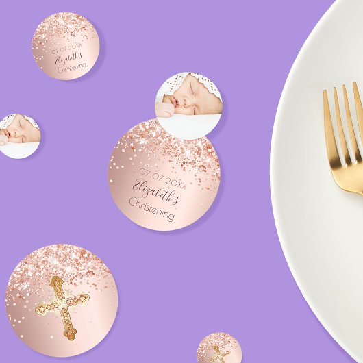 《キリスト教》洗礼式や命名式赤面ピンクローズ金ゴールド写真 コンフェッティ