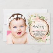 《キリスト教》洗礼式や命名式赤面ピンク素朴なウッドランドの女の子の写真 招待状 (正面)