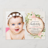 《キリスト教》洗礼式や命名式赤面ピンク素朴なウッドランドの女の子の写真 招待状 (正面/裏面)