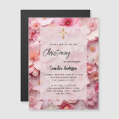 《キリスト教》洗礼式や命名式赤面ピンク花ベビーガール豪華 マグネット招待状 (正面/裏面)