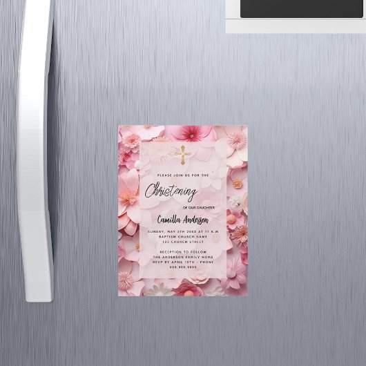 《キリスト教》洗礼式や命名式赤面ピンク花ベビーガール豪華 マグネット招待状