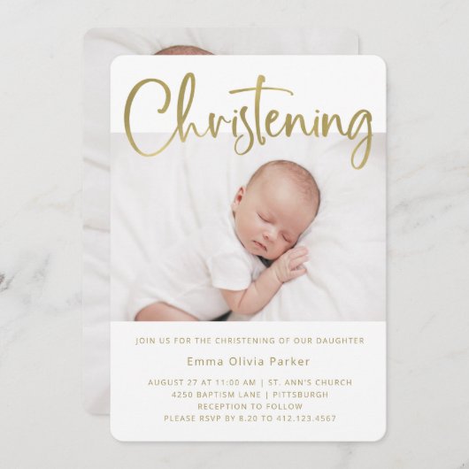 《キリスト教》洗礼式や命名式 |シンプル2枚のミニマル金ゴールド 招待状 (正面/裏面)
