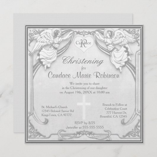 《キリスト教》洗礼式や命名式 – モノグラムとクロス 招待状 (正面/裏面)