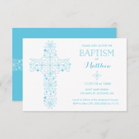 《キリスト教》洗礼式や命名式，洗礼招待状 – 青十字 招待状 (正面/裏面)