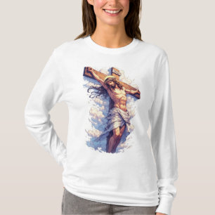 キリスト磔刑のデザインが入ったキリスト教徒の女性用長袖Tシャツ Tシャツ