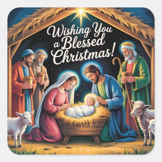キリスト降誕のシーンのクリスマスグリーティング スクエアシール (正面)