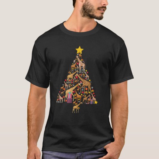 キリンおもしろいクリスマスツリー飼育員クリスマス Tシャツ (正面)