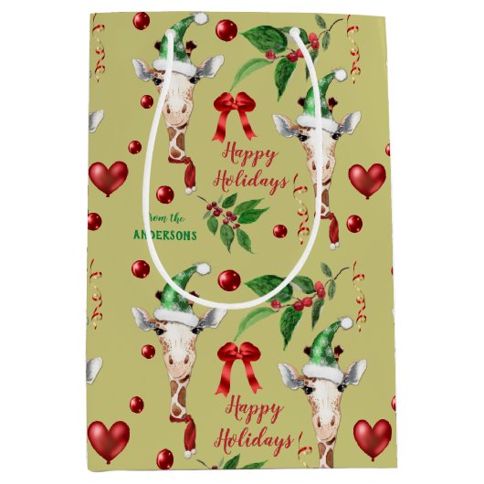 キリンおもしろいサンタハットホリークリスマス ミディアムペーパーバッグ (正面)