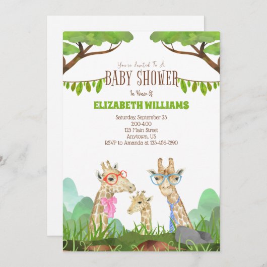 キリンおもしろいファミリーサファリベイビーシャワー招待状 招待状 (正面/裏面)