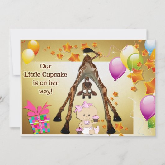 キリンおもしろい、ベビーガール、カップケーキのベビーシャワー 招待状 (正面)