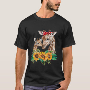 キリンお母さん子供たち赤ちゃん動物かわいいヒマワリ Tシャツ