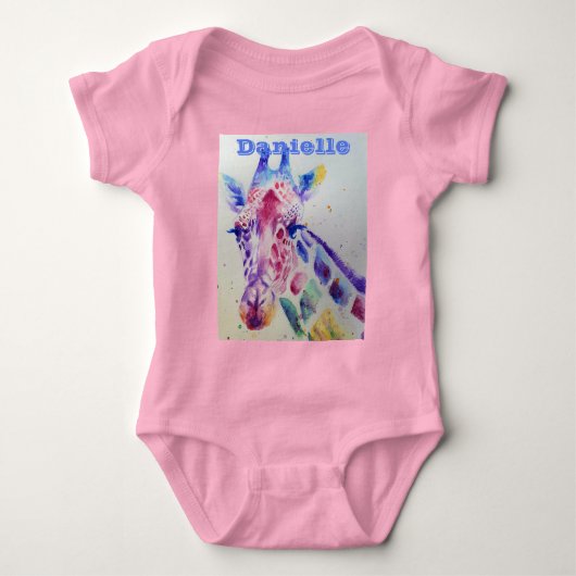 キリンお洒落水彩桃色ベビーボディスーツ ベビーボディスーツ (正面)