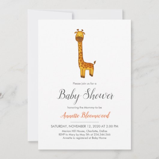 キリンかわいいミニマリスト赤ちゃんシャワー 招待状 (正面)