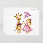 キリンとガールの水彩イラストレーション 飛んでいる ポストカード (正面/裏面)