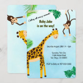 キリンとサルサファリパーティーまたは動物園パーティー 招待状 (正面/裏面)