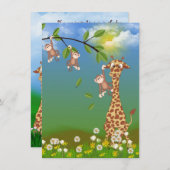 キリンとサル1歳の誕生日パーティの招待状 招待状 (正面/裏面)