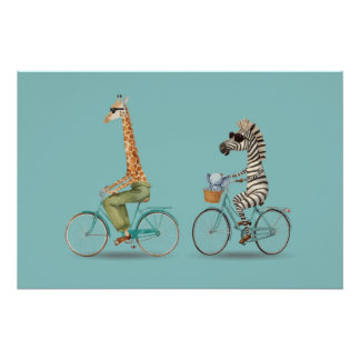 キリンとシマウマの自転車ポスター ポスター