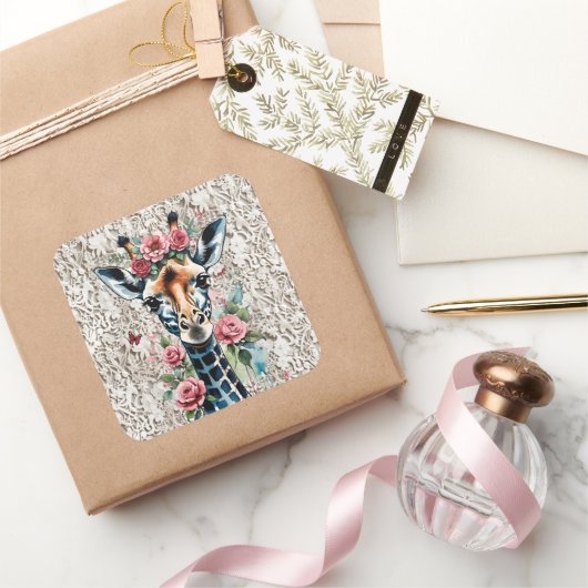 キリンとピンクのバラとヴィンテージレース スクエアシール (ギフト)