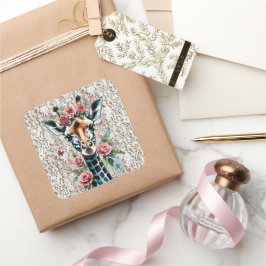 キリンとピンクのバラとヴィンテージレース スクエアシール