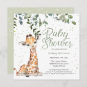 キリンとユーカリのグリーン ニュートラル ベビーシャワー 招待状 (正面/裏面)