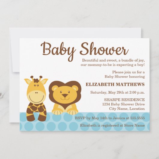 キリンとライオンの動物の赤ちゃんシャワー 招待状 (正面)