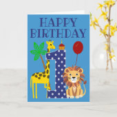 キリンとライオンの少年のための最初の誕生日 カード (黄色い花)