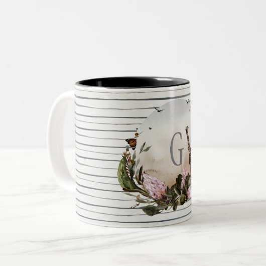 キリンとワイルドライフグレイストライプパーソナライズされた ツートーンマグカップ (正面左)