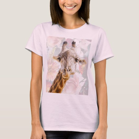 キリンと花 モダンでおかしい動物 ピンク Tシャツ (正面)