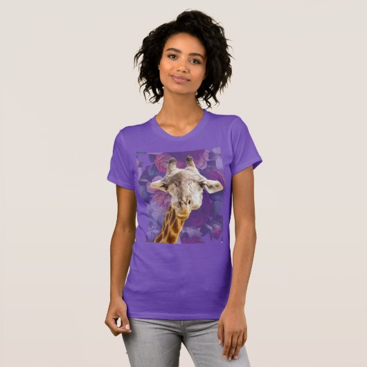 キリンと花 紫色 モダン おもしろい 動物 Tシャツ (正面フル)