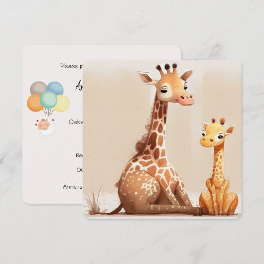 キリンと赤ちゃんキリン 招待状 (正面/裏面)