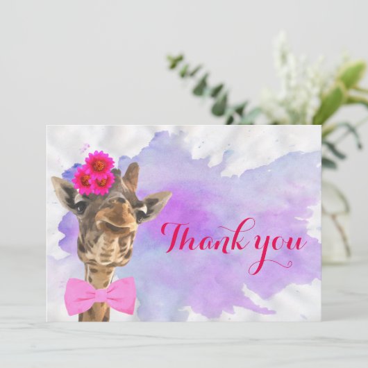 キリンのかわいいジャングルの動物の水彩画は感謝していしています サンキューカード (スタンド正面)
